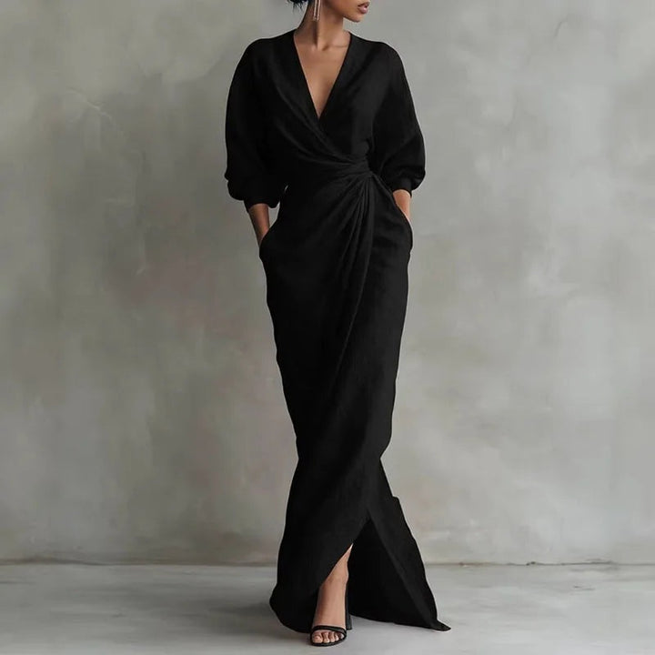 V neck wrap maxi dress full length front view