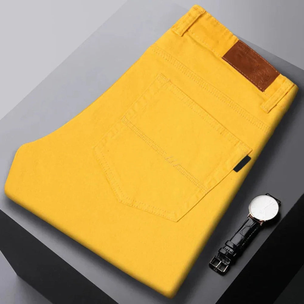 Men's Five Pocket Tapered Leg Jeans with Back Waist Patch shown in Yellow