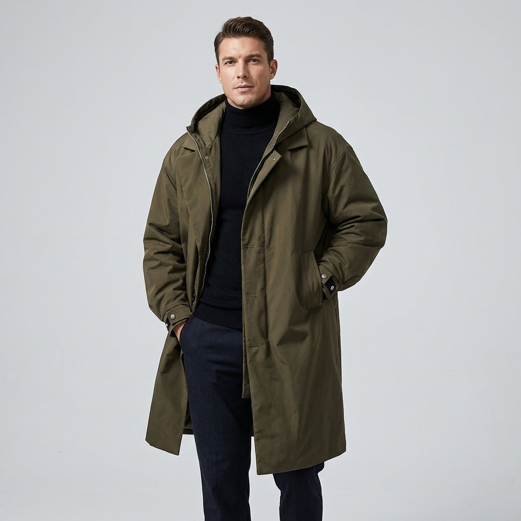 Men's Hooded Longline Raincoat with Button Front view 1