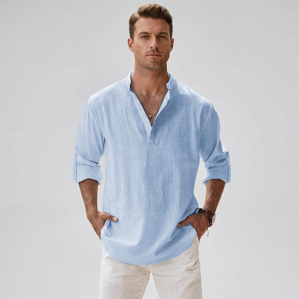 Men's Long Sleeve Henley Shirt with Band Collar and Roll Up Sleeves view 1