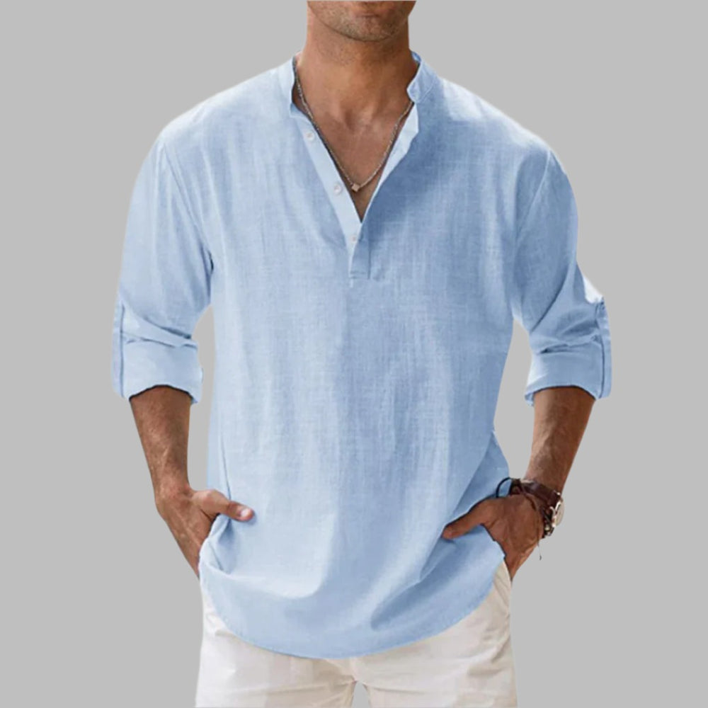 Men's Long Sleeve Henley Shirt with Band Collar and Roll Up Sleeves shown in Light Blue