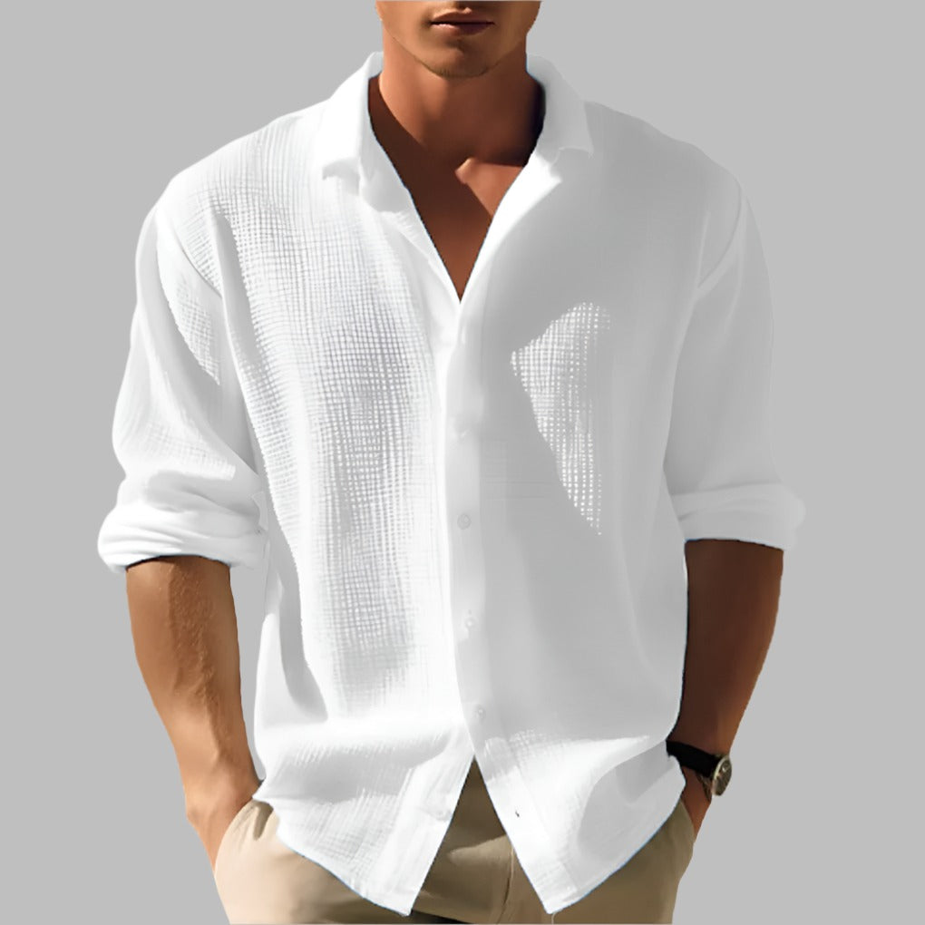 Men's Long Sleeve Textured Button Up Shirt with Spread Collar shown in White