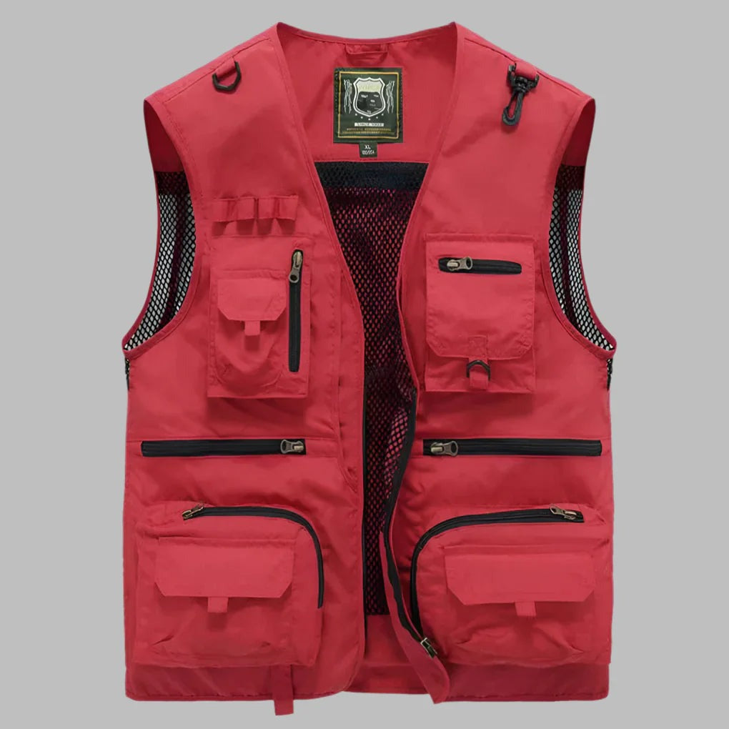 Men's Multi Pocket Mesh Utility Vest with Zip Front shown in Red