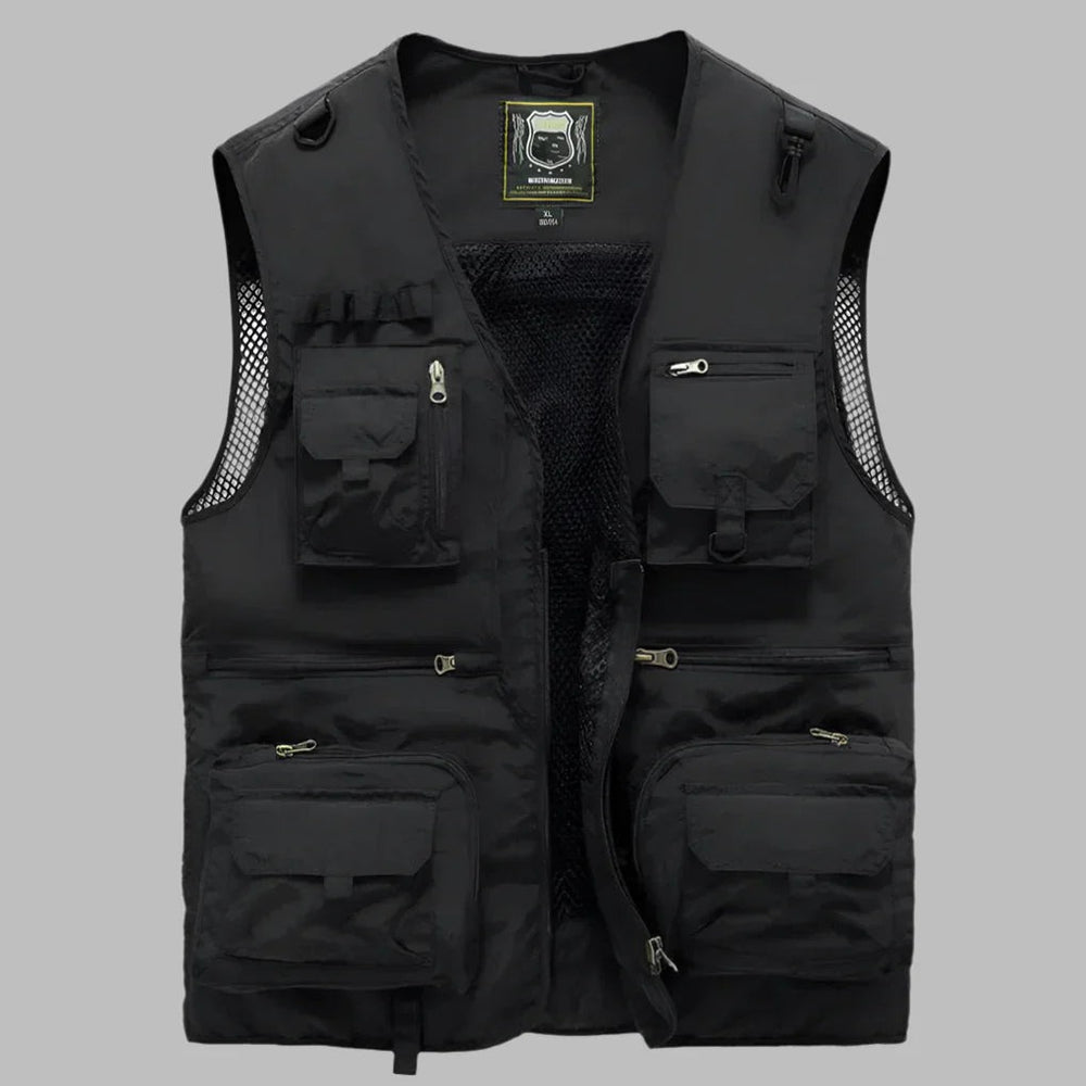 Men's Multi Pocket Mesh Utility Vest with Zip Front shown in Black