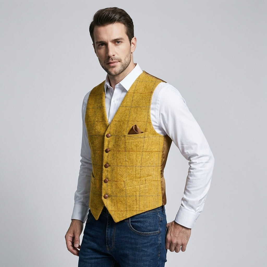 Men's Notch Lapel Windowpane Check Vest with Chest Pocket view 1