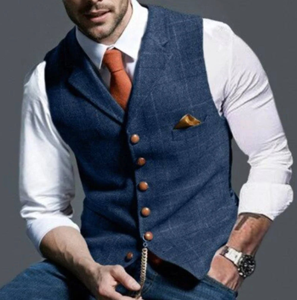 Men's Notch Lapel Windowpane Check Vest with Chest Pocket shown in Blue