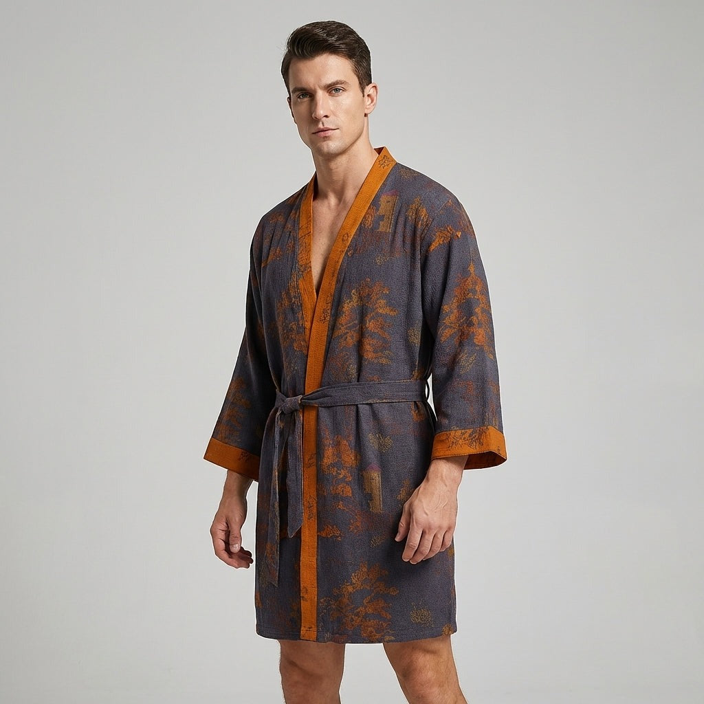 Men's Printed Kimono Robe with Tie Belt and Contrast Trim view 1