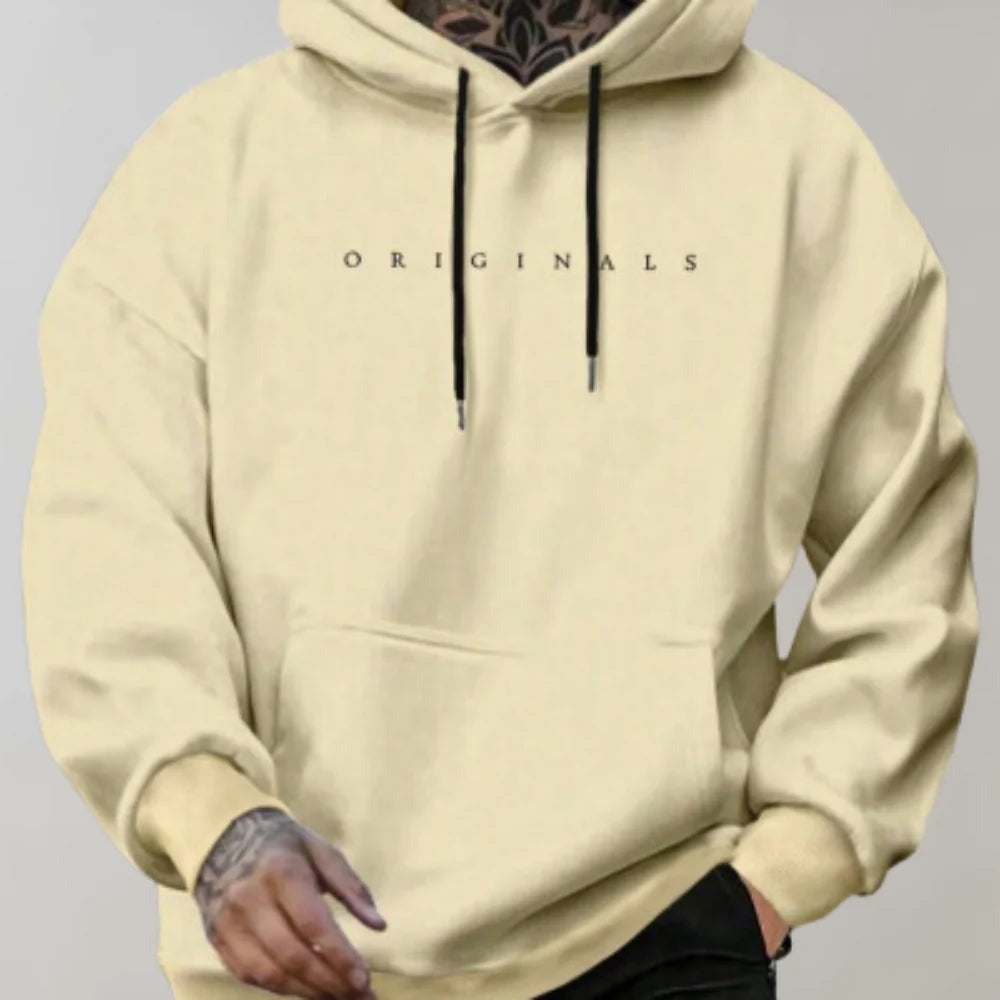 Men's Pullover Hoodie with Letter Print and Kangaroo Pocket shown in Light Yellow