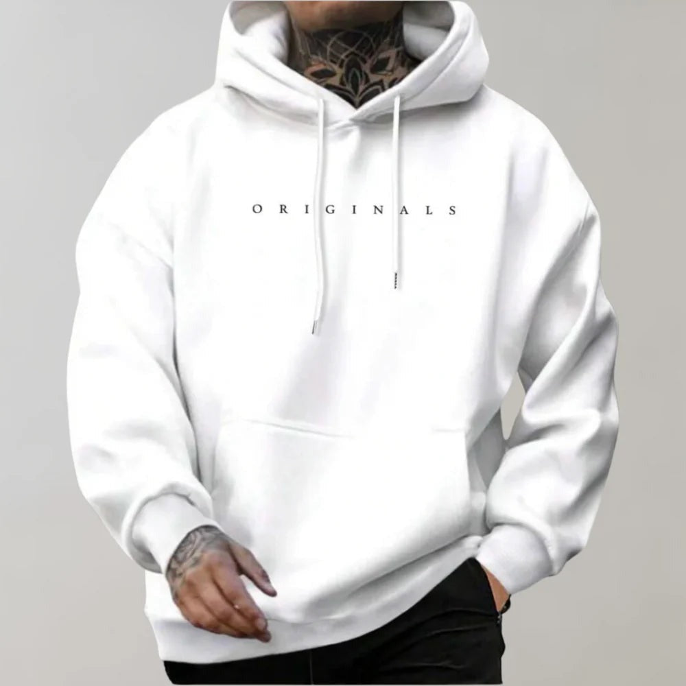 Men's Pullover Hoodie with Letter Print and Kangaroo Pocket shown in White