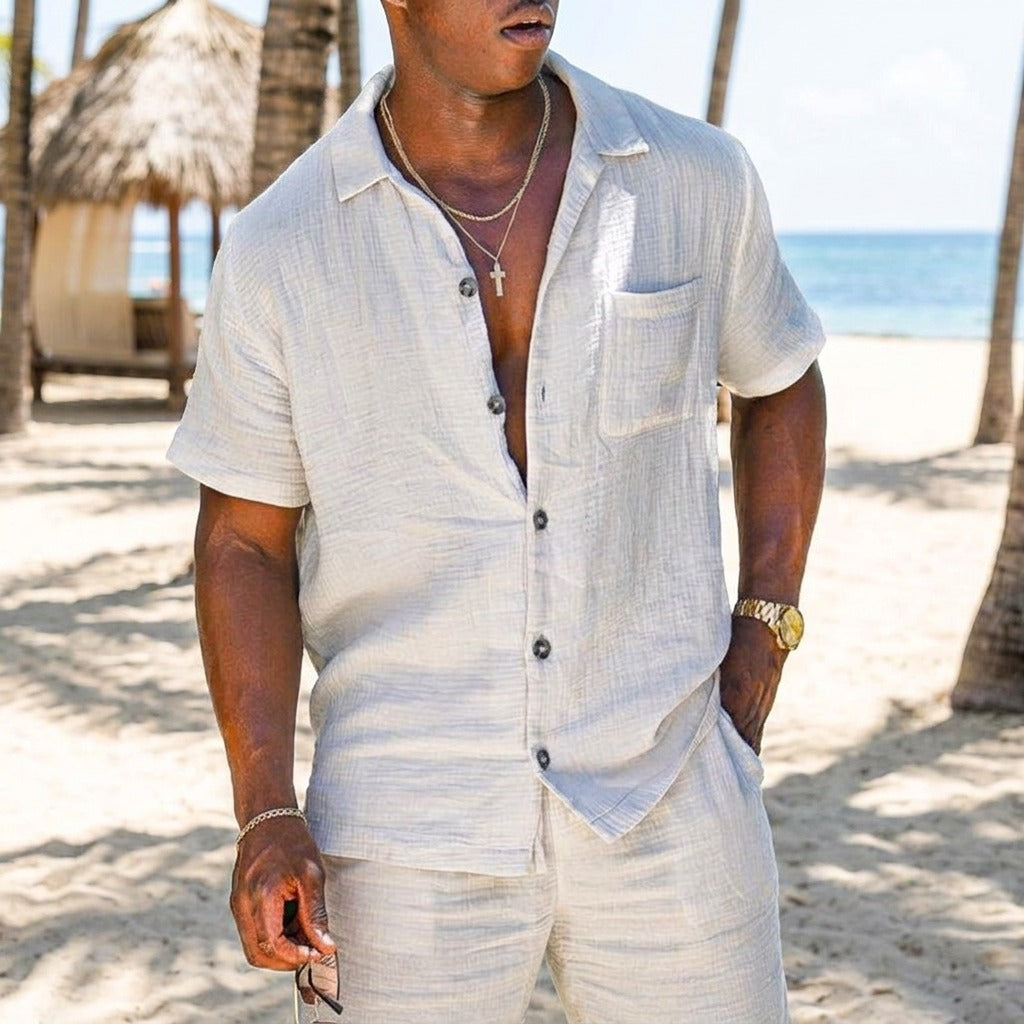 Men's Short Sleeve Button Up Shirt and Pants Set view 1