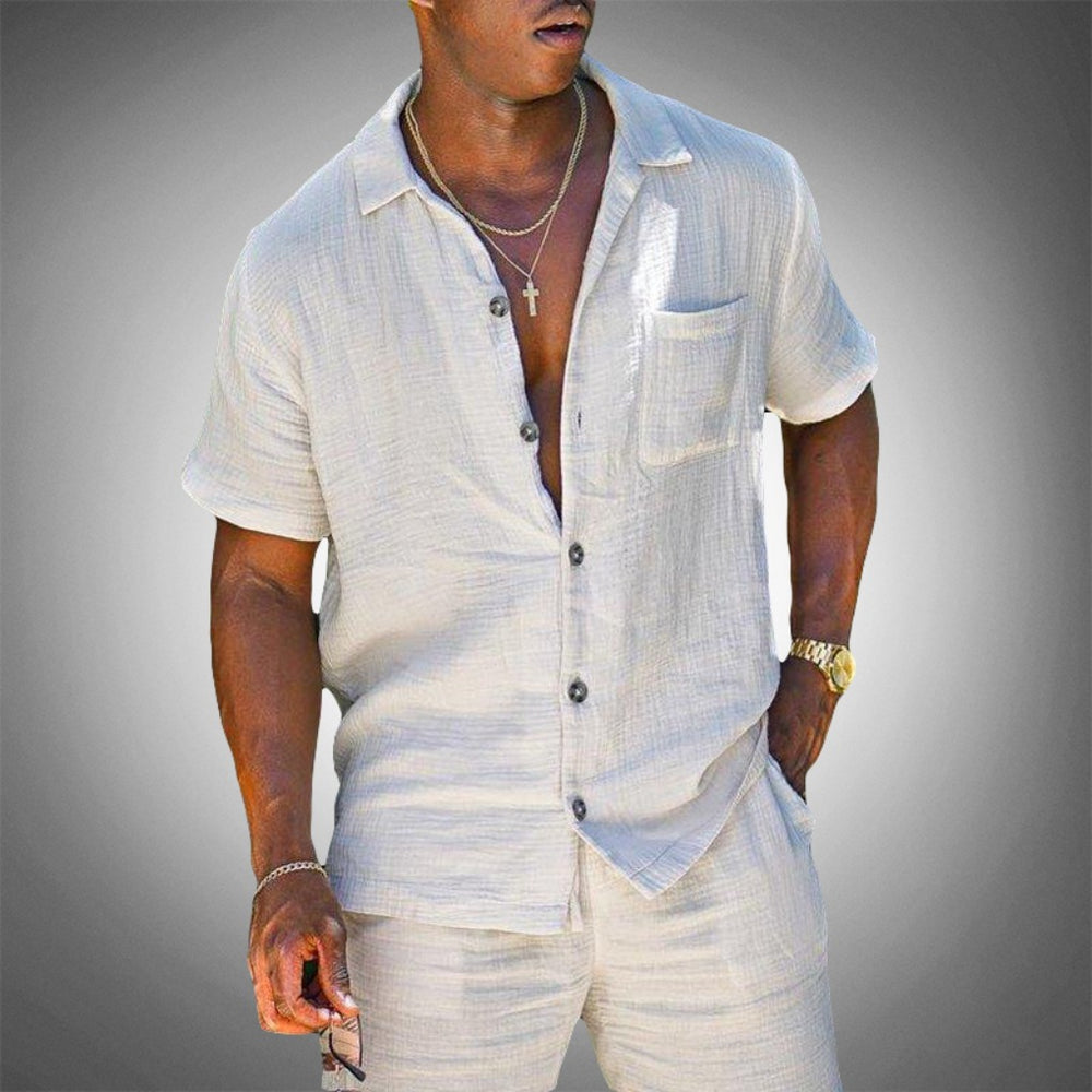 Men's Short Sleeve Button Up Shirt and Pants Set shown in White