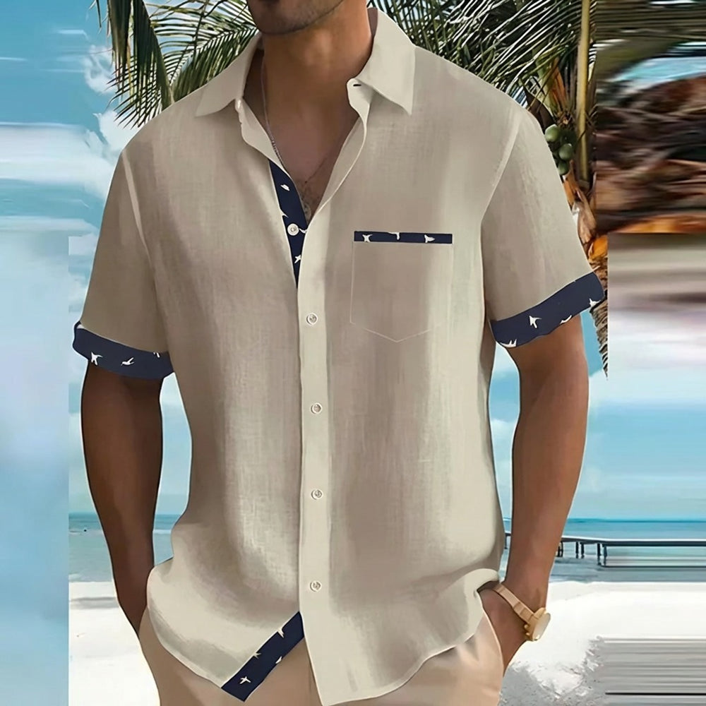 Men's Short Sleeve Button Up Shirt with Contrast Trim and Chest Pocket shown in Apricot
