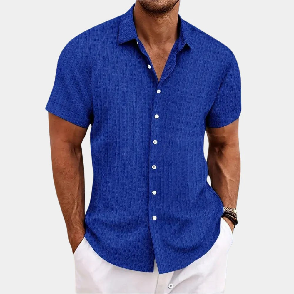 Men's Short Sleeve Button Up Shirt with Vertical Textured Stripes shown in Blue