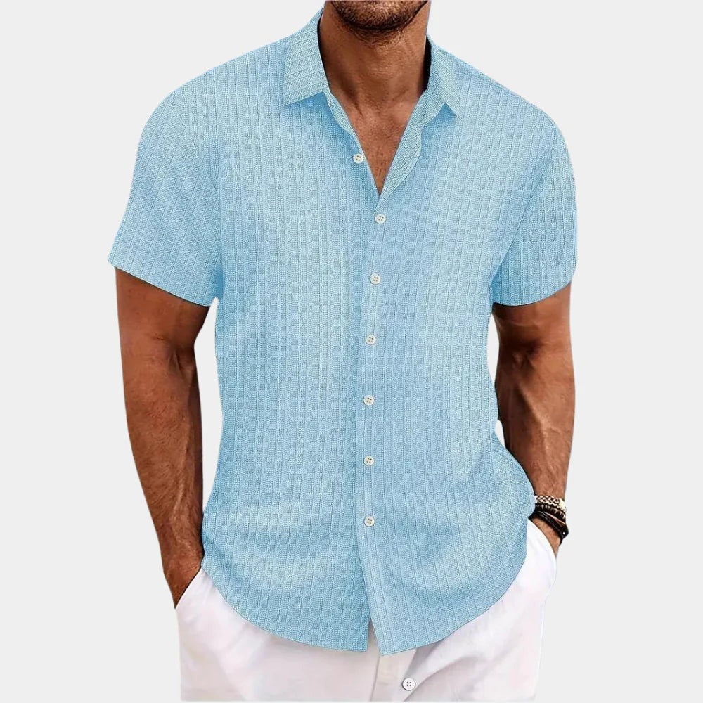 Men's Short Sleeve Button Up Shirt with Vertical Textured Stripes view 2