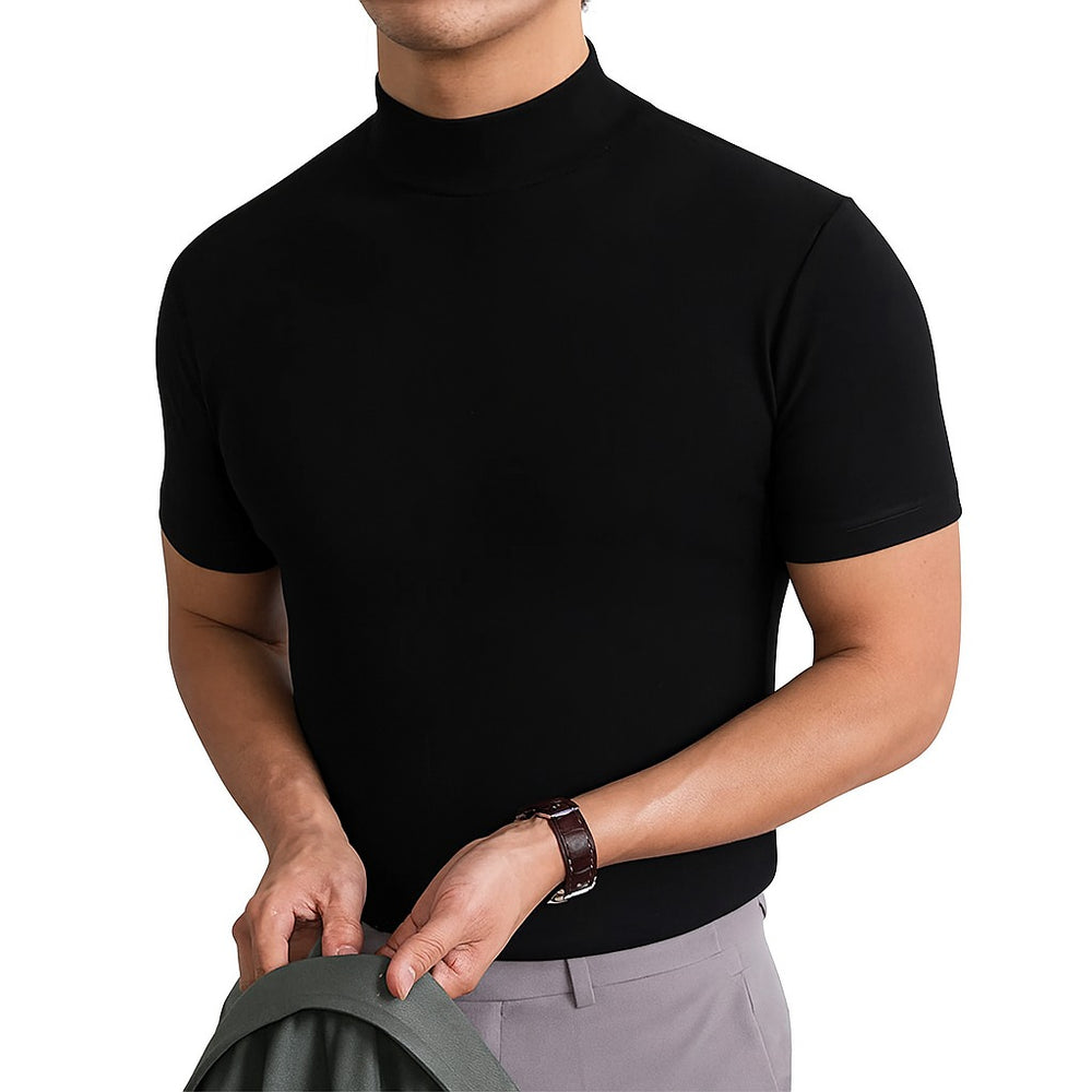 Men's Short Sleeve Mock Neck Turtleneck T-Shirt shown in Black