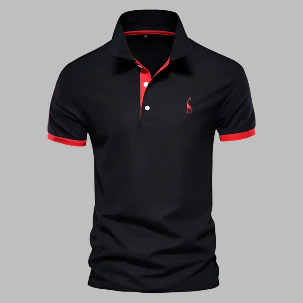 Men's Short Sleeve Polo Shirt with Contrast Tipping and Embroidery shown in Black