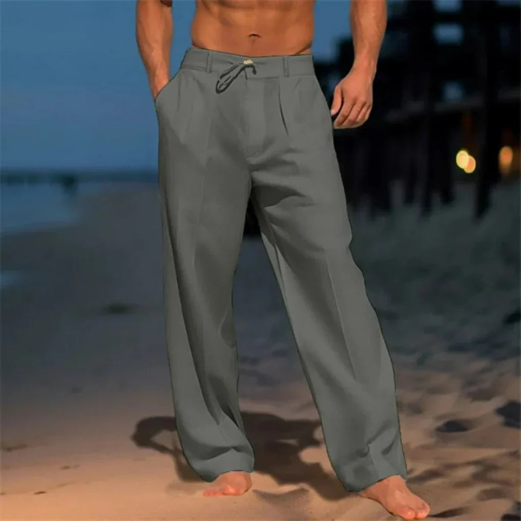 Men's Straight Leg Drawstring Pants with Pleated Front shown in Gray