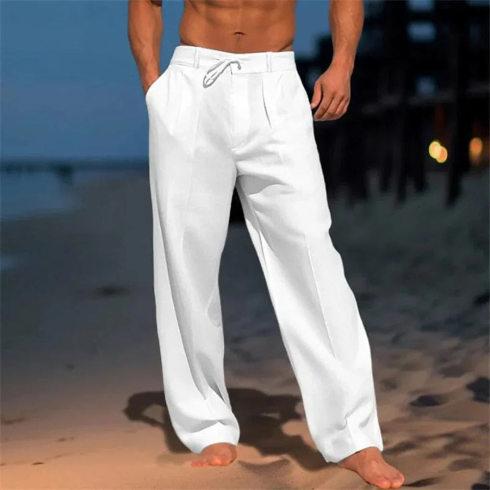 Men's Straight Leg Drawstring Pants with Pleated Front shown in White