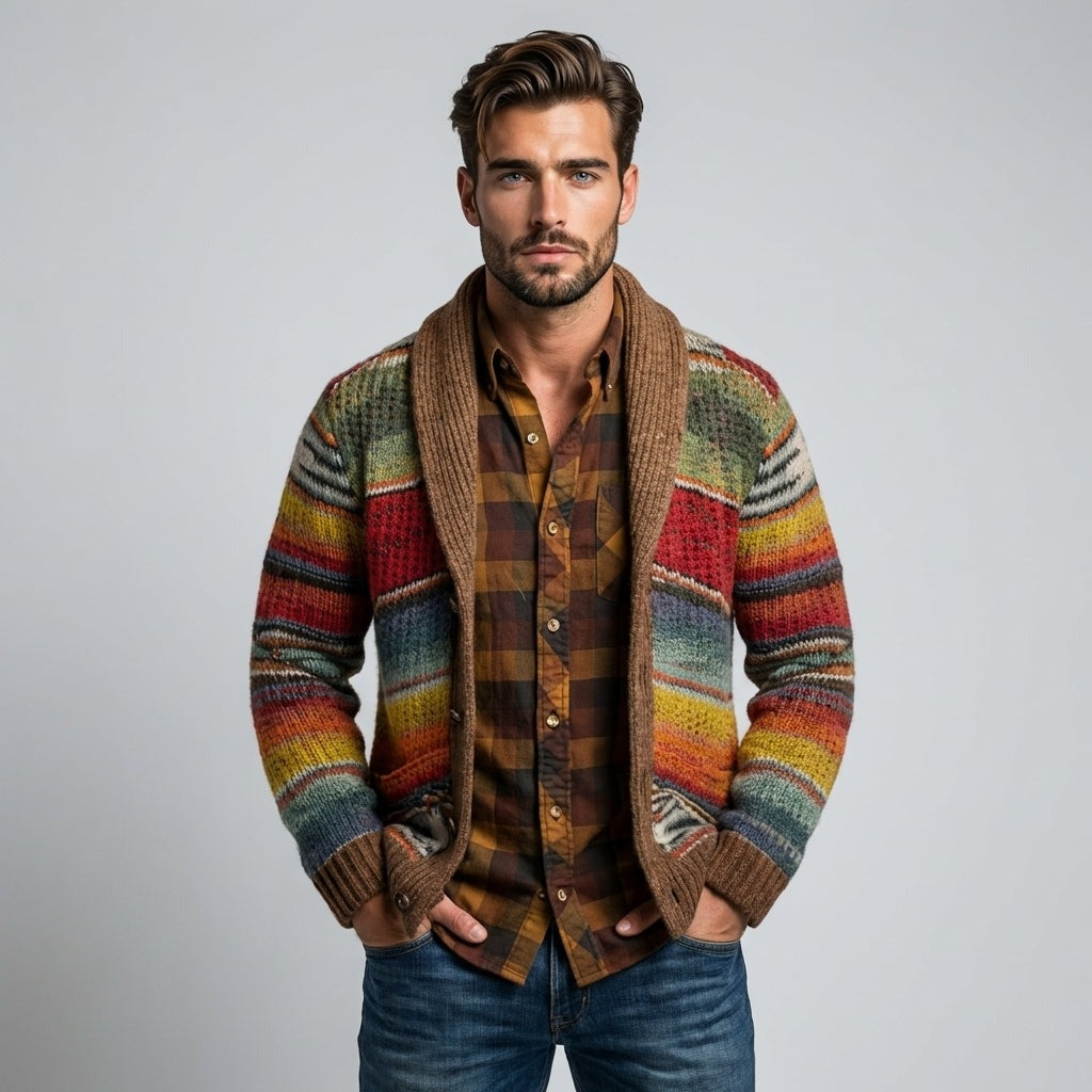Men's Striped Knit Cardigan with Shawl Collar and Open Front view 1