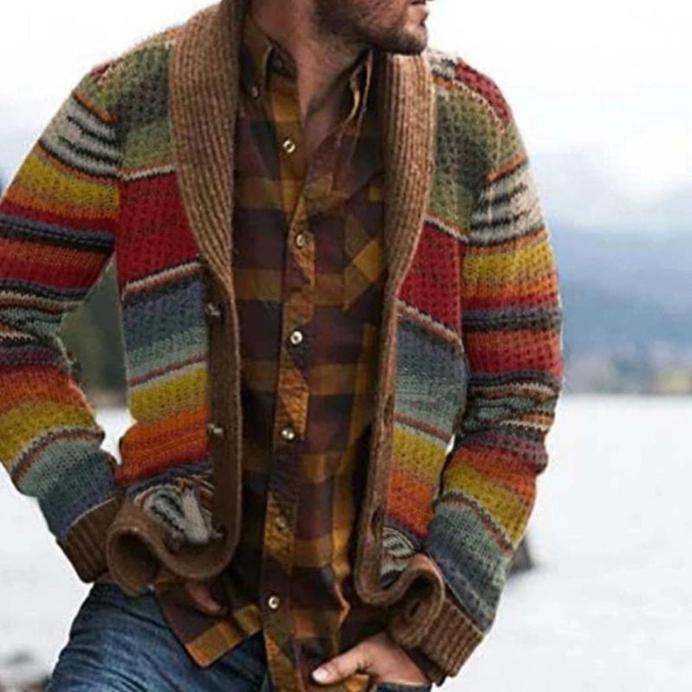 Men's Striped Knit Cardigan with Shawl Collar and Open Front view 2