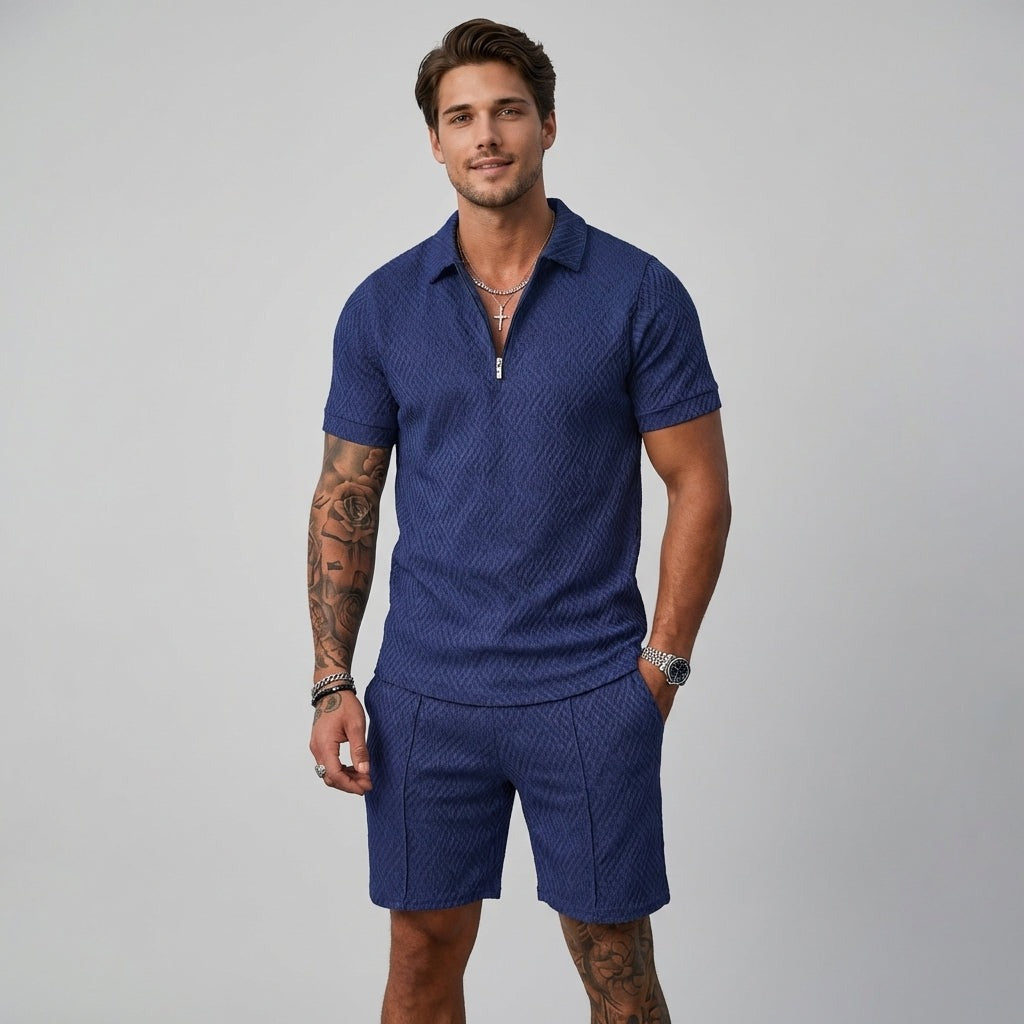 Men's Textured Short Sleeve Zip Polo and Shorts Set view 1