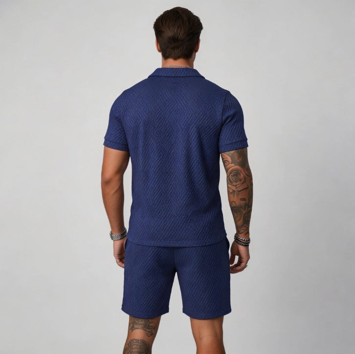 Men's Textured Short Sleeve Zip Polo and Shorts Set view 2