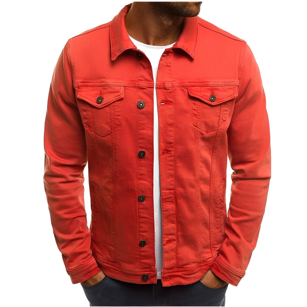Men's Trucker Jacket with Button Flap Chest Pockets shown in Red