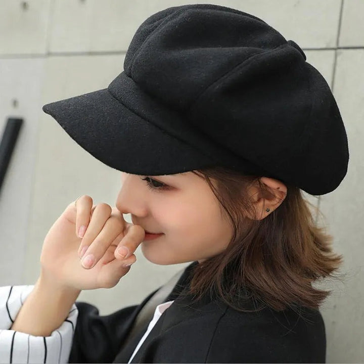 Felt-look newsboy cap side view
