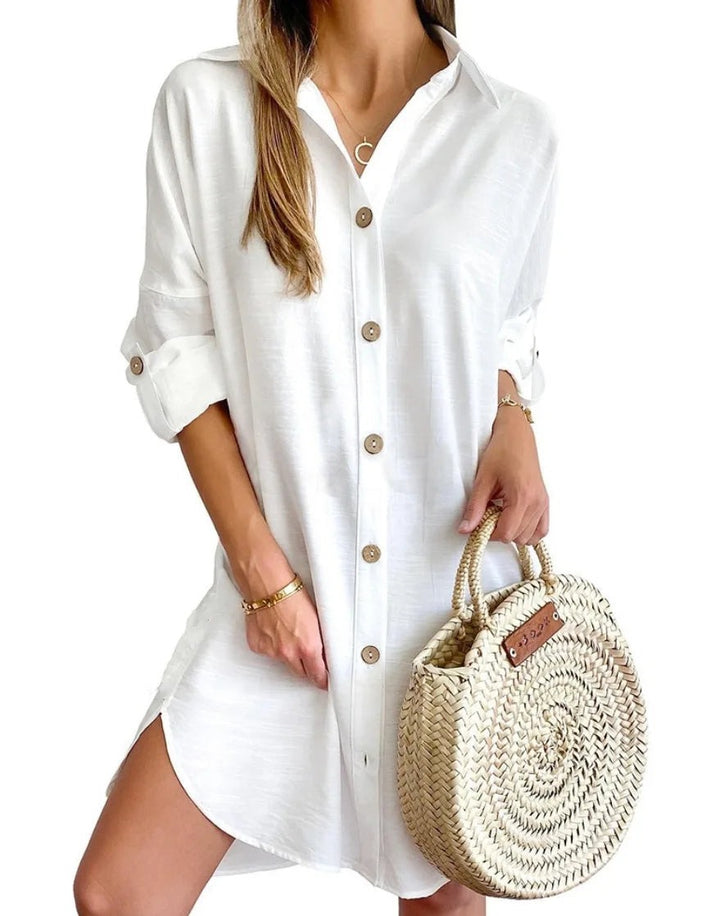 Button up mini shirt dress with roll tab sleeves front view