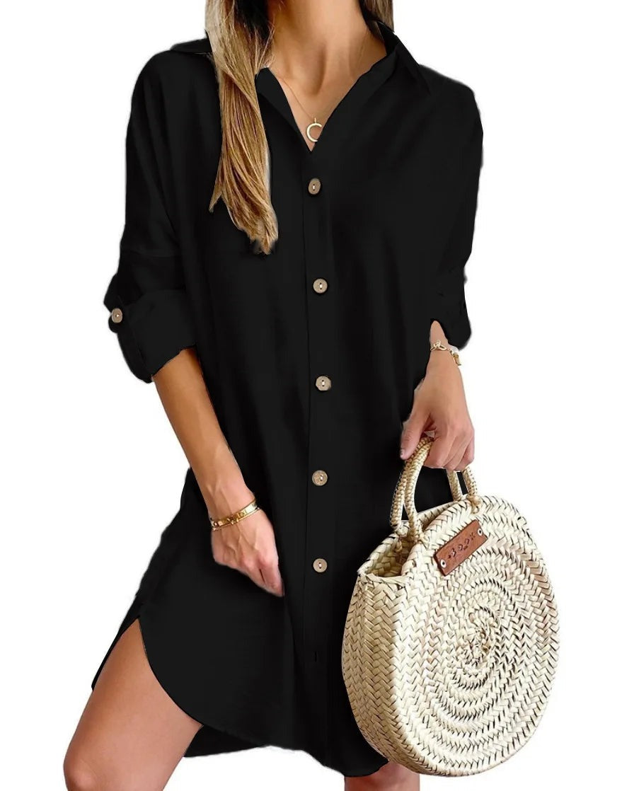 Long sleeve button front shirt dress with curved hem front view