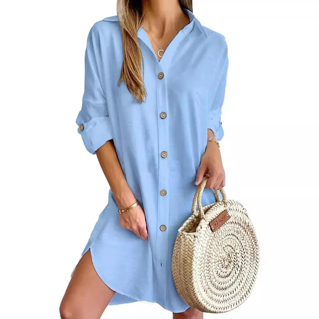 Collared mini shirt dress with rolled sleeves front view