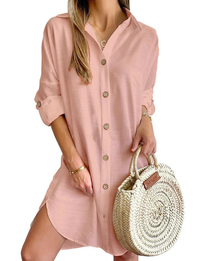 Roll sleeve mini shirt dress with button placket front view