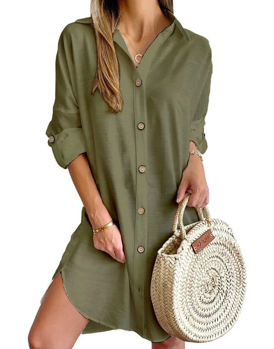 Button front shirt dress with pointed collar front view