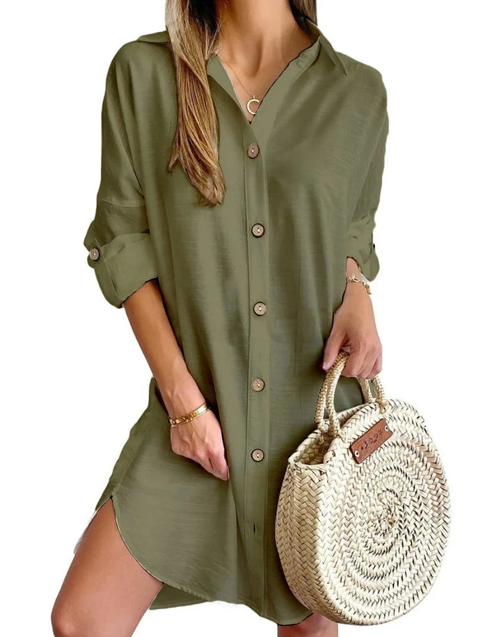 Button front shirt dress with pointed collar front view