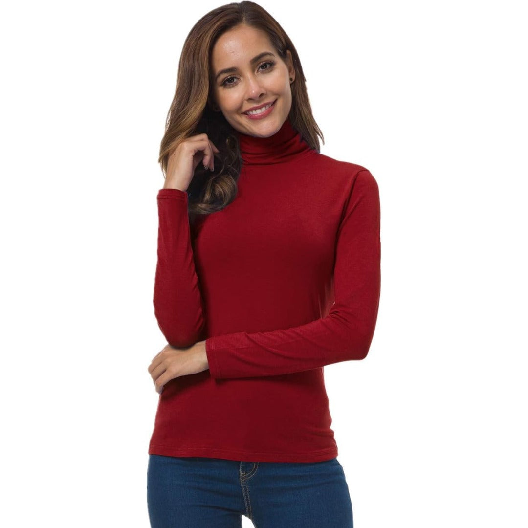 Turtleneck top with long sleeves three-quarter front view