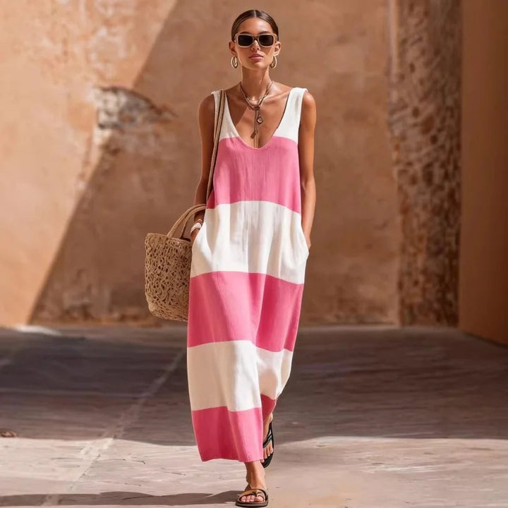 Sleeveless color block A-line maxi dress front view