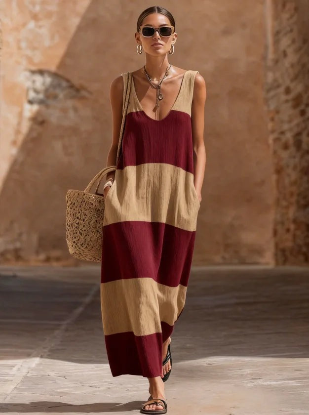 Color block maxi dress with pockets and wide straps front view