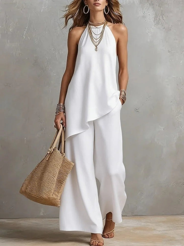 Halter asymmetric hem top and wide leg pants set front view