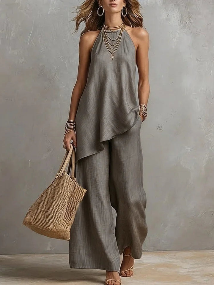 Halter two piece pants set with asymmetric hem front view