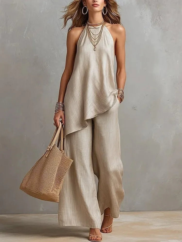Linen-look halter top and wide leg pants set front view