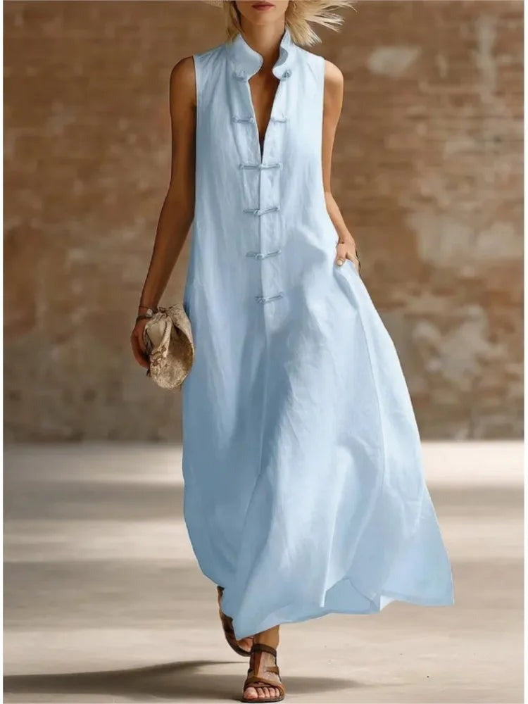 Stand collar frog button sleeveless maxi dress front view