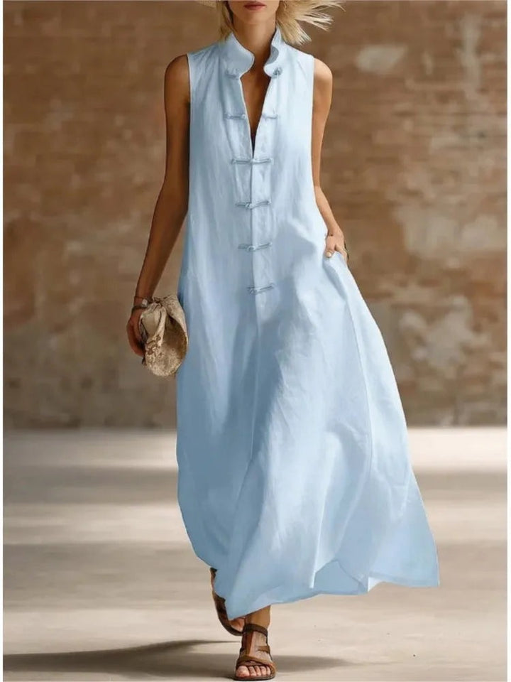 Stand collar frog button sleeveless maxi dress front view