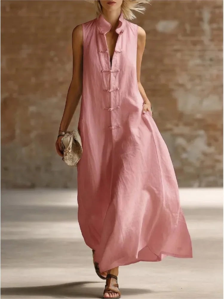 Sleeveless A-line maxi dress with frog button placket front view