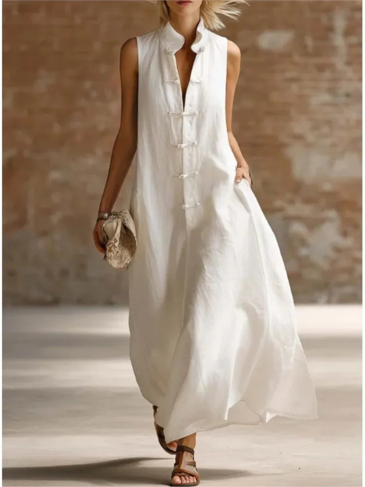 Frog button stand collar maxi dress full length front view