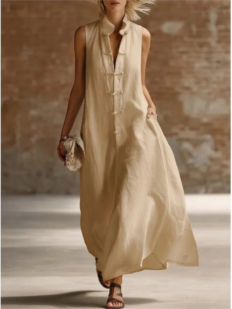 Stand collar sleeveless maxi dress walking front view