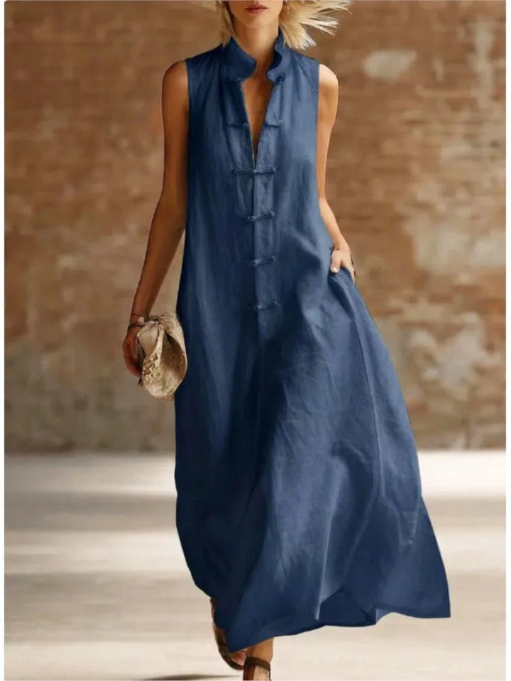 Frog button sleeveless maxi dress with full hem front view