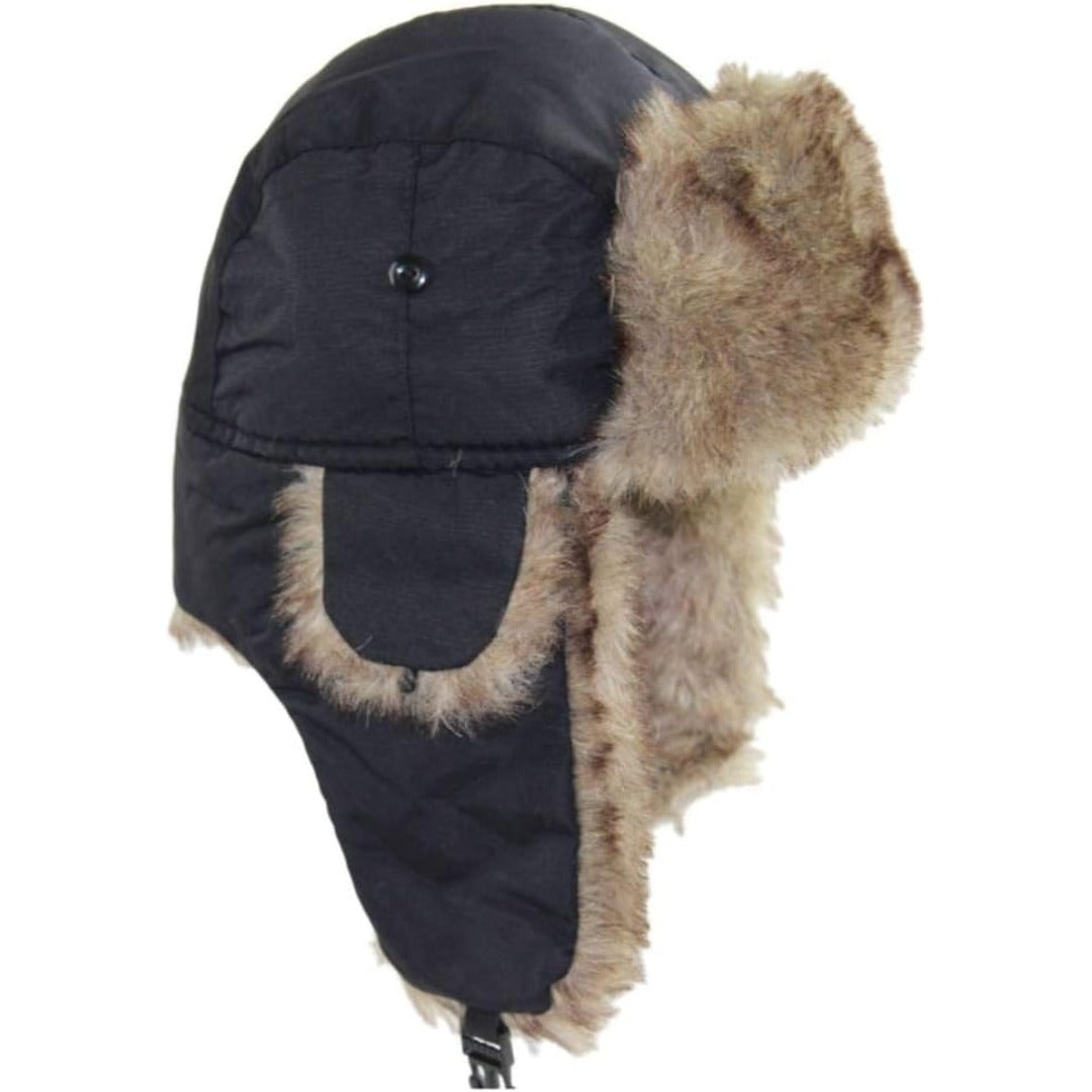 Faux fur lined trapper hat with ear flaps side view