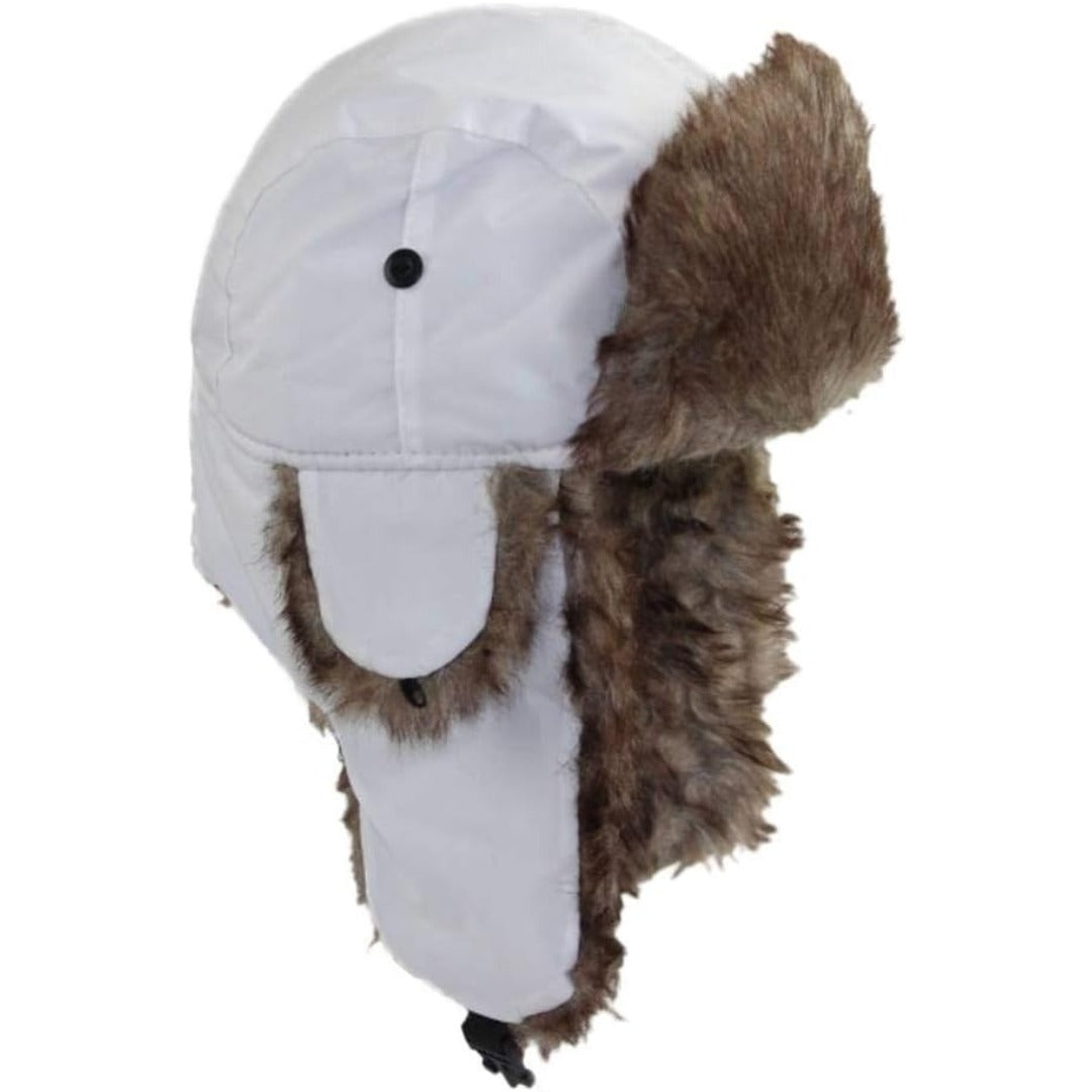 Trapper hat with faux fur brim and ear flaps side view