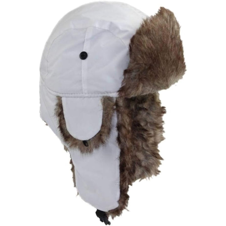 Trapper hat with faux fur brim and ear flaps side view
