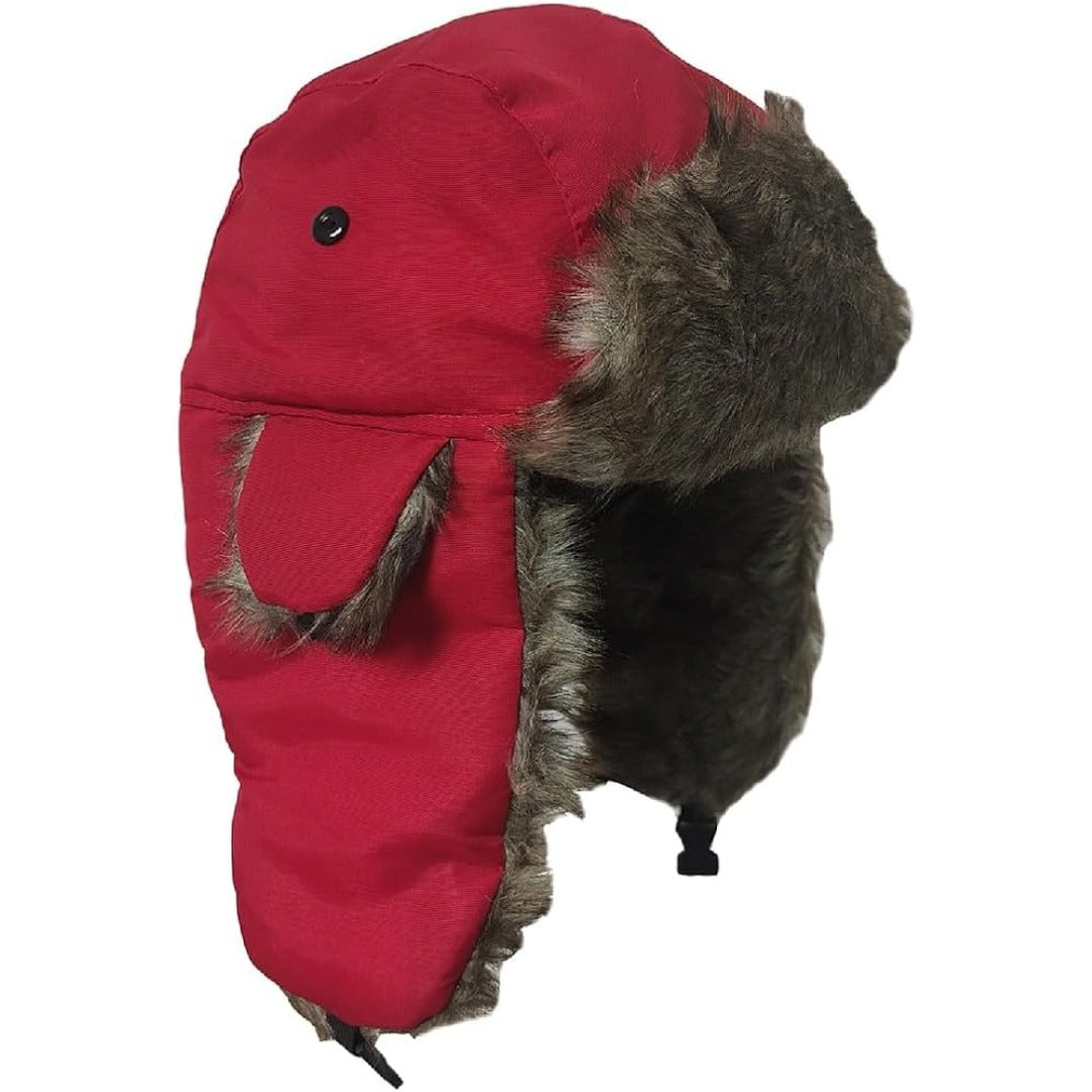 Winter trapper hat with faux fur lining side view